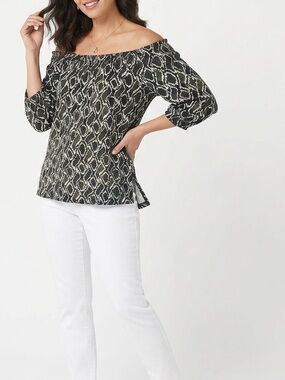 MICHAEL KORS Olive Green Black & White Snakeskin Patterned Knit Top